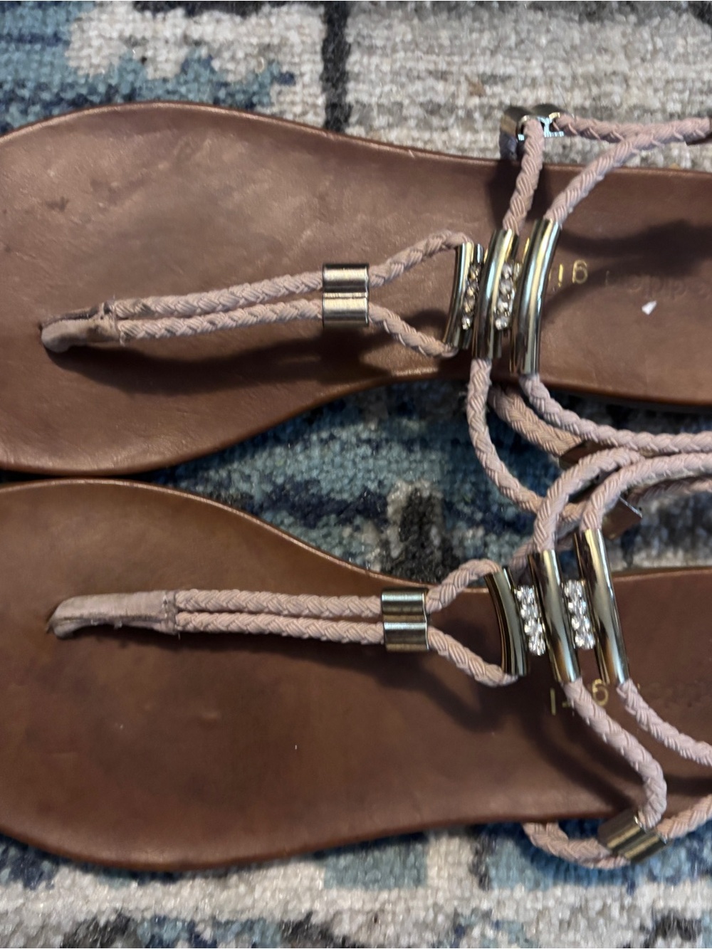 Madden Girl Pink Braided T-Strap Sandals with Gold Rhinestone Rings